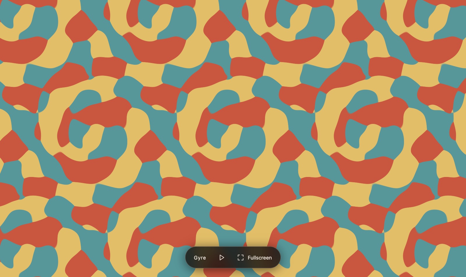 Broken gyres in terracotta, teal and sand: large rounded organic regions with no visible rotation centre or mirror.