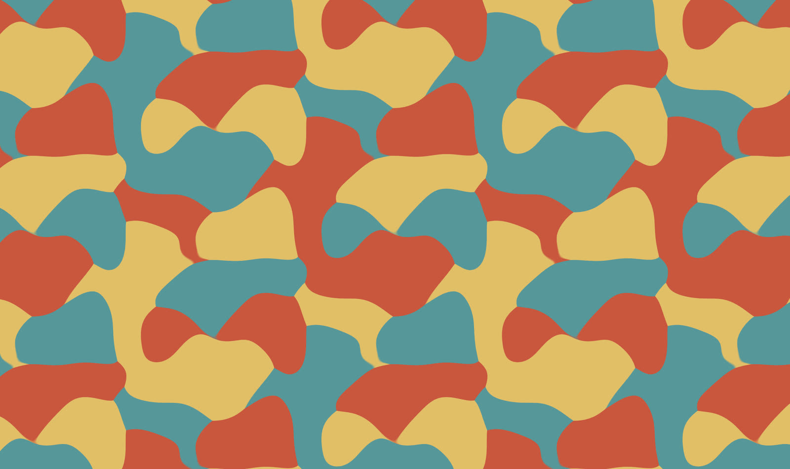 Interlocking rounded regions in terracotta, teal and sand, about the same size as each other, filling the frame with no visible rotation centre or mirror.