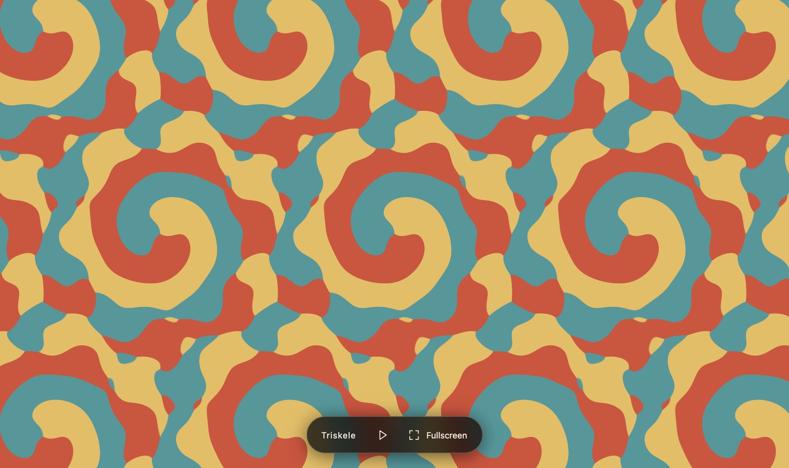 A field of three-armed spirals in terracotta, teal and sand, each spiral an obvious threefold pinwheel.